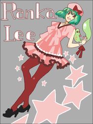  :d ai-kun beret black_footwear brown_eyes character_name commentary_request dress female green_hair hat high_heels jewelry looking_at_viewer macross macross_frontier macross_frontier:_itsuwari_no_utahime necklace oekaki open_mouth pantyhose pink_dress ranka_lee short_hair smile tegaki warai 