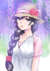  absurdres alternate_hairstyle black_eyes black_hair blurry blurry_background braid brown_hat casual closed_mouth commentary depth_of_field dress female flower girls_und_panzer hair_flower hair_ornament hair_over_one_eye hat hat_flower highres isuzu_hana jewelry kuppipi_ramutarou lips long_hair looking_at_viewer necklace parted_lips petals pink_shirt plant red_flower red_rose rose shirt short_sleeves single_braid solo standing upper_body white_dress wisteria 