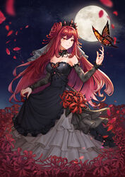  absurdres black_dress breasts bug butterfly choker cleavage closed_mouth commentary_request detached_sleeves diadem dress erze_(king&#039;s_raid) female floating_hair flower full_body full_moon grey_sleeves hair_between_eyes highres king&#039;s_raid layered_dress long_dress long_hair long_sleeves medium_breasts monarch_butterfly moon nail_polish night outdoors petals photoshop_(medium) print_sleeves red_eyes red_flower red_hair red_nails skirt_hold smile solo spider_lily standing strapless strapless_dress tjgus very_long_hair 