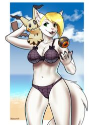  alpha_channel ambiguous_gender anthro beach bikini breasts canid canine clothed clothing digital_media_(artwork) duo female female_focus feral generation_7_pokemon hi_res kiko_kempt larger_anthro larger_female luxury_ball mammal mimikyu nintendo open_mouth outside pokeball pokemon pokemon_(species) porin seaside shaded size_difference smaller_ambiguous smile solo_focus standing swimwear thick_thighs 