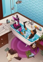  2019 5_fingers anthro bath bathroom bathtub brown_body brown_fur brush canid canine canis claw_foot_bathtub clothing clothing_on_floor deer detailed_background digital_media_(artwork) domestic_dog duo fingers floor fur hi_res male mammal playing poofroom purple_body purple_fur rubber_duck shaded shirt shower_head sink sitting smile soap tile tile_floor tongue tongue_out tooth_paste toothbrush topwear water 