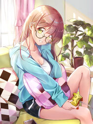  arm_up black_shorts blue_hoodie breasts brown_hair cellphone checkered_pillow cleavage coffee_mug commentary_request controller couch cup curtains day feet_out_of_frame female game_controller gamepad glasses green_eyes grin hand_on_own_face head_tilt highres holding holding_controller holding_game_controller holding_pillow hood hood_down hoodie indoors leg_up lens_flare long_hair looking_at_viewer maronie. medium_breasts mug on_couch open_clothes open_hoodie original phone pillow semi-rimless_eyewear shirt shorts sitting sleeves_past_wrists smartphone smile solo tree under-rim_eyewear white_shirt window yellow-framed_eyewear 