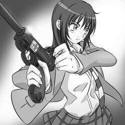  blazer commentary_request coppelion cross female greyscale gun handgun jacket long_hair looking_afar luger_p08 m_o_(prftz) miniskirt monochrome naruse_ibara necktie plaid plaid_skirt pleated_skirt school_uniform serious shirt skirt solo striped striped_necktie upper_body weapon 