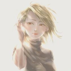  arm_at_side backlighting black_shirt blonde_hair blurry blush bokeh breasts brown_eyes commentary_request depth_of_field earrings eyelashes female floating_hair fullmetal_alchemist grey_background half-closed_eyes hand_in_own_hair hand_up jewelry kachohuugetsu light_rays light_smile looking_at_viewer medium_breasts riza_hawkeye shirt short_hair short_sleeves simple_background smile solo sunlight upper_body 