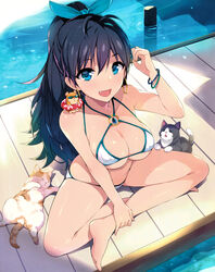  absurdres animal animal_on_shoulder arm_up bangle bare_legs bare_shoulders barefoot bikini black_hair blue_eyes blue_ribbon bracelet breasts cleavage earrings feet feline female ganaha_hibiki hair_ribbon hamster hamster_on_shoulder hamuzou hidebou highres hoop_earrings idolmaster idolmaster_(classic) jewelry large_breasts legs long_hair looking_at_viewer md5_mismatch o-ring o-ring_top oerba_yun_fang photoshop_(medium) ribbon scan sitting smile solo swimsuit toes water white_bikini 