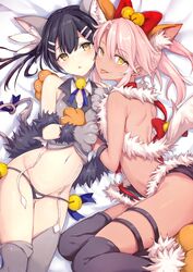  2girls :p animal_ears animal_hands bell black_hair black_legwear black_panties blush bow breasts chloe_von_einzbern chloe_von_einzbern_(beast_style) commentary fake_animal_ears fate/kaleid_liner_prisma_illya fate_(series) fur_trim garter_straps gloves grey_legwear hair_bell hair_between_eyes hair_ornament hairbow hairclip haishiki hands_on_another&#039;s_chest head_tilt highres long_hair looking_at_viewer lowleg lowleg_panties lying miyu_edelfelt miyu_edelfelt_(beast_style) multiple_girls navel open_mouth panties paw_gloves pink_hair shoulder_blades small_breasts thighhighs tongue tongue_out twintails underwear yellow_background 