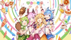  4girls :d absurdres animal_ear_fluff animal_ears animal_hands animare bag bat_ears bear_ears bear_paws blue_eyes blue_hair blue_skirt blush bow bowtie breasts brown_eyes brown_hair camomi coffee commentary_request copyright_name cup detached_sleeves dog_ears gloves green_bow green_eyes green_hair green_skirt hair_between_eyes hair_ribbon hand_to_own_mouth hand_up highres hinokuma_ran inaba_haneru_(animare) large_breasts logo long_hair looking_at_viewer medium_breasts medium_hair melon_soda miniskirt multiple_girls name_tag nanashi_inc. official_art open_mouth parfait paw_gloves pink_hair pink_skirt polka_dot polka_dot_bow purple_eyes rabbit_ears ribbon short_hair skirt smile souya_ichika souya_ichika_(1st_costume) spoon suspender_skirt suspenders teacup umori_hinako virtual_youtuber yellow_skirt 