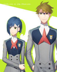  1boy blue-framed_eyewear blue_hair brown_hair closed_mouth commentary_request copyright_name darling_in_the_franxx dress female glasses gorou_(darling_in_the_franxx) green_eyes grey_dress hair_ornament hairclip hands_in_pockets highres ichigo_(darling_in_the_franxx) long_sleeves looking_away mikko_(mim_mikko) over-rim_eyewear semi-rimless_eyewear short_hair smug 