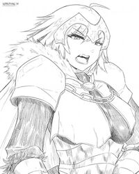  ahoge armor armored_dress breasts cape chains fate/grand_order fate_(series) faulds female fur-trimmed_cape fur-trimmed_sleeves fur_collar fur_trim gauntlets greyscale headpiece jeanne_d&#039;arc_alter_(avenger)_(fate) jeanne_d&#039;arc_alter_(fate) large_breasts monochrome open_mouth short_hair signature solo upper_body wangphing white_background 