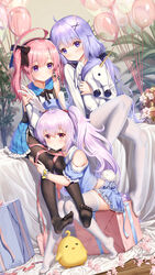  3girls ahoge azur_lane balloon bare_shoulders beret black_pantyhose blue_shirt blue_skirt blush box cherry_blossoms collar commentary elbow_gloves fake_tail feet gift gift_box gloves hair_between_eyes hair_ornament hair_ribbon haneru hat highres holding_legs indoors laffey_(azur_lane) laffey_(bunny_clerk?)_(azur_lane) leg_up long_hair long_sleeves looking_at_viewer manjuu_(azur_lane) multiple_girls no_shoes on_bed pantyhose pink_hair pink_ribbon purple_eyes purple_hair rabbit_tail red_eyes ribbon saratoga_(azur_lane) shirt short_hair short_sleeves sitting sitting_on_object skirt sleeveless smile soles tail thighhighs twintails unicorn unicorn_(azur_lane) unicorn_(long-awaited_date)_(azur_lane) v white_pantyhose white_shirt 