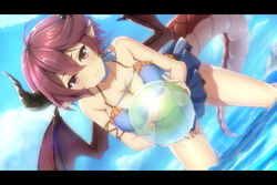  ball beachball bikini blush breasts commentary_request dragon_girl dragon_horns dragon_tail dragon_wings female granblue_fantasy grea_(shingeki_no_bahamut) horns large_breasts letterboxed looking_at_viewer manaria_friends midorinocha navel pointy_ears purple_hair red_eyes shingeki_no_bahamut short_hair simple_background skirt solo swimsuit tail water wings 