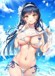  :q alternate_costume bad_id bad_twitter_id bare_shoulders beach bikini black_hair blue_sky blush bow bow_bikini breasts cleavage commentary_request cowboy_shot day female fingerless_gloves flower girls&#039;_frontline gloves groin hair_flower hair_ornament hairband highres holding korean_commentary large_breasts long_hair looking_at_viewer narae navel ocean official_alternate_costume outdoors shawl shiny_skin side-tie_bikini_bottom sidelocks skindentation sky smile solo stomach swimsuit thighs tongue tongue_out type_95_(girls&#039;_frontline) type_95_(summer_cicada)_(girls&#039;_frontline) very_long_hair wading wet wet_clothes white_bikini white_gloves yellow_eyes 