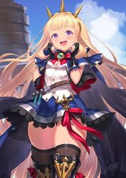  :d artist_name belt black_footwear black_thighhighs blonde_hair boots breasts cagliostro_(dark)_(granblue_fantasy) cagliostro_(granblue_fantasy) capelet cleavage cloud commentary_request crown day female gloves granblue_fantasy grin highres open_mouth purple_eyes signature skindentation skirt sky small_breasts smile thick_thighs thighhighs thighs vial yapo_(croquis_side) 