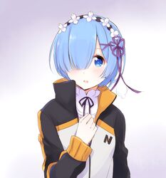  black_ribbon blue_eyes blue_hair borrowed_clothes commentary_request cosplay female flower hair_flower hair_ornament hair_over_one_eye hair_ribbon head_wreath jacket long_sleeves looking_at_viewer natsuki_subaru natsuki_subaru_(cosplay) neck_ribbon nemu_mohu open_mouth purple_ribbon re:zero_kara_hajimeru_isekai_seikatsu rem_(re:zero) ribbon short_hair solo track_jacket upper_body white_background white_flower x_hair_ornament 