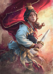  agus_sw armor black_hair brown_eyes cape chinese_armor chinese_clothes chinese_hat clenched_teeth commentary curly_hair dress highres holding holding_sword holding_weapon lamellar_armor ponytail red_cape red_dress sash shirt sun_ren sword teeth total_war total_war:_three_kingdoms weapon white_shirt 