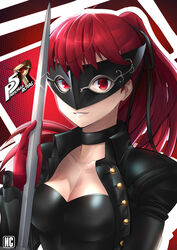  black_jacket black_leotard black_ribbon breasts cleavage collar collarbone commentary copyright_name english_commentary female gloves grin hair_ribbon highres holding holding_sword holding_weapon jacket layered_sleeves leotard long_hair long_sleeves looking_at_viewer mask mixed-language_commentary naobhal open_clothes open_jacket persona persona_5 persona_5_the_royal ponytail red_eyes red_gloves red_hair ribbon smile solo sword upper_body weapon yoshizawa_kasumi 