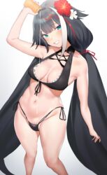  arm_up azur_lane bikini black_bikini black_hair black_nails blue_eyes blush bottle breasts collarbone commentary_request deutschland_(azur_lane) deutschland_(service_time?!)_(azur_lane) female flower front-tie_top gradient_background grin hair_flower hair_ornament head_tilt highleg highleg_bikini highres holding holding_bottle legs_apart long_hair looking_at_viewer lotion lotion_bottle low_twintails medium_breasts mole mole_on_body multicolored_hair navel nekoshoko official_alternate_costume red_flower red_hair sexually_suggestive side-tie_bikini_bottom simple_background smile solo standing stomach streaked_hair swimsuit teeth twintails very_long_hair white_background white_flower white_hair 