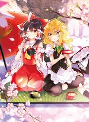  2girls apron ascot bangs black_skirt black_vest blonde_hair blurry_foreground bow braid brown_hair cherry_blossoms cup detached_sleeves green_bow hair_tubes hairbow hakurei_reimu hat hat_bow hat_removed headwear_removed kirisame_marisa long_hair masu multiple_girls nontraditional_miko one_eye_closed oriental_umbrella outdoors petals poprication puffy_short_sleeves puffy_sleeves red_bow red_eyes red_shirt red_skirt ribbon-trimmed_sleeves ribbon_trim sakazuki seiza shirt short_hair_with_long_locks short_sleeves sid side_braid single_braid sitting skirt sleeveless sleeveless_shirt tatami touhou tree umbrella vest waist_apron witch_hat yellow_eyes yellow_neckwear 