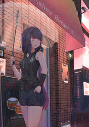  :d absurdres alternate_costume architect_(girls&#039;_frontline) arm_guards awning black_gloves black_hair black_shirt blue_shorts blunt_bangs breasts casual commentary female fingerless_gloves girls&#039;_frontline gloves glowing glowing_eyes goliath_(girls&#039;_frontline) hand_in_pocket highres holding holding_umbrella hood hood_down hooded_shirt long_hair looking_to_the_side medium_breasts menu_board open_mouth outdoors photoshop_(medium) purple_eyes purple_nails rain sangvis_ferri security_camera shirt short_shorts shorts sidelocks single_fingerless_glove sleeveless sleeveless_shirt smile solo storefront transparent transparent_umbrella twtnw umbrella very_long_hair walking 