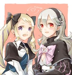  2girls armor blonde_hair blue_cape breasts cape commentary_request corrin_(female)_(fire_emblem) corrin_(female)_(fire_emblem)_(cosplay) corrin_(fire_emblem) cosplay costume_switch drill_hair elise_(fire_emblem) elise_(fire_emblem)_(cosplay) fire_emblem fire_emblem_fates gloves grey_hair hair_between_eyes hair_ornament hairband long_hair multiple_girls pointy_ears red_eyes robaco siblings simple_background sisters twin_drills twintails white_background white_hair yellow_eyes 