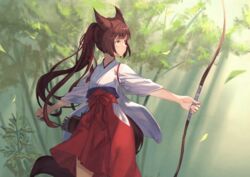  animal_ears archery arrow_(projectile) bamboo bamboo_forest blunt_bangs bow_(weapon) brown_eyes brown_hair commentary_request cowboy_shot female forest fox_ears fox_tail frown hakama hakama_skirt japanese_clothes kyuudou leaf long_hair looking_to_the_side miko nature original outdoors peroncho ponytail profile quiver serious skirt solo tail tasuki weapon 