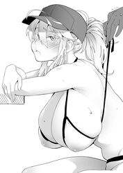  ahoge artoria_pendragon_(fate) artoria_pendragon_(lancer)_(fate) bare_shoulders baseball_cap bikini blush breasts cleavage commentary_request cosplay eyelashes fate/grand_order fate_(series) female greyscale hair_between_eyes hair_through_headwear hat large_breasts leaning_forward long_hair looking_at_viewer monochrome mysterious_heroine_xx_(fate) mysterious_heroine_xx_(fate)_(cosplay) ponytail pout puffy_cheeks sidelocks simple_background sitting soba_(saz) solo_focus swimsuit untied_bikini white_background 