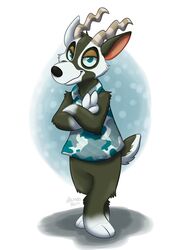  2019 animal_crossing antelope anthro blackbuck bovid cc-by-nc-nd clothed clothing creative_commons fur half-closed_eyes hi_res horn male mammal narrowed_eyes nintendo orlandofox simple_background solo true_antelope zell_(animal_crossing) 