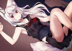  animal_ears foxgirl gradient haik long_hair original red_eyes school_swimsuit seifuku skirt swimsuit tail white_hair 