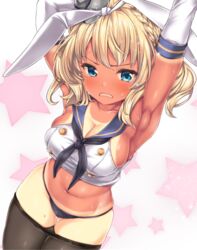  armpits arms_up bad_id bad_twitter_id black_neckerchief black_panties black_pantyhose blonde_hair blue_eyes blush braid breasts capelet clothes_pull colorado_(kancolle) commentary_request cosplay cowboy_shot crop_top crying crying_with_eyes_open elbow_gloves female french_braid gloves hair_ribbon hairband kantai_collection large_breasts looking_at_viewer navel neckerchief necktie nijimoto_hirok open_mouth panties pantyhose pantyhose_pull ribbon sailor_collar school_uniform serafuku shimakaze_(kancolle) shimakaze_(kancolle)_(cosplay) short_hair sidelocks skindentation solo star_(symbol) sweat tan tanlines tears underwear white_gloves white_ribbon 