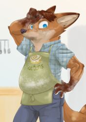  2019 akiric anthro apron arm_tuft blue_eyes canid canine cheek_tuft clothed clothing dipstick_ears dipstick_tail dirty disney ear_markings elbow_tuft english_text facial_tuft flour fox gideon_grey gloves_(marking) hand_on_head hand_on_hip hi_res looking_at_viewer male mammal markings multicolored_ears multicolored_tail neck_tuft red_fox solo standing tail tail_markings text text_on_apron text_on_clothing true_fox tuft zootopia 