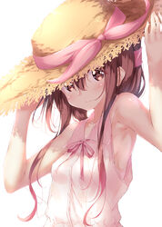  :3 absurdres alternate_costume armpits bad_id bad_pixiv_id bare_shoulders blush breasts brown_eyes brown_hair closed_mouth collarbone commentary_request female folded_ponytail hair_between_eyes hands_on_headwear hat hat_ribbon highres holding inazuma_(kancolle) kantai_collection long_hair looking_at_viewer low-cut_armhole numpopo pink_ribbon ribbon simple_background sleeveless small_breasts smile solo standing straw_hat upper_body white_background 