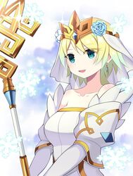  blonde_hair blue_eyes blue_hair bride commentary_request crown dress earrings female fire_emblem fire_emblem_heroes fjorm_(bridal)_(fire_emblem) fjorm_(fire_emblem) flower gradient_hair hair_flower hair_ornament holding holding_staff jewelry multicolored_hair open_mouth shira_yu_ki short_hair snowflakes solo staff strapless strapless_dress upper_body veil wedding_dress white_dress 