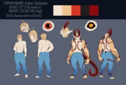  4_toes asian_mythology black_sclera bottomwear claws clothing demon east_asian_mythology energy english_text exalted feet fur glowing hi_res horn human japanese_mythology male mammal model_sheet mythology oni pants solo text toes undeadkitty13 yokai 