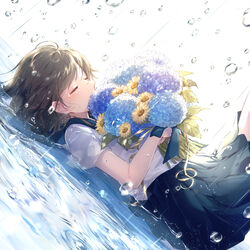  absurdres backlighting blue_flower blue_ribbon blue_sailor_collar blue_skirt blush bouquet breasts brown_hair closed_mouth commentary_request crying dutch_angle female flower from_side highres holding holding_bouquet holding_flower hydrangea lying lying_on_water medium_breasts medium_skirt on_back original puddle purple_flower rain ribbon ripples sailor_collar school_uniform sena_tea29 serafuku shallow_water shirt short_sleeves skirt smile solo sunflower teardrop tears water water_drop white_shirt yellow_flower 