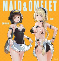  2girls :d apron apron_lift arm_garter ass bad_id bad_pixiv_id bare_shoulders bikini black_ribbon blonde_hair blunt_bangs blush bow braid breasts casual_one-piece_swimsuit character_name cleavage closed_mouth clothes_lift commentary covered_nipples cowboy_shot english_text flag_print french_braid frilled_apron frilled_bikini frilled_one-piece_swimsuit frills g36_(girls&#039;_frontline) german_flag_bikini girls&#039;_frontline gradient_background green_eyes hair_rings large_breasts lifting_own_clothes long_hair looking_at_viewer looking_back maid maid_bikini maid_headdress maid_one-piece_swimsuit medium_breasts multiple_girls one-piece_swimsuit open_mouth orange_background orange_eyes polka_dot polka_dot_background qbu-88_(girls&#039;_frontline) ribbon side-tie_bikini_bottom sideboob single_braid skindentation skirt skirt_lift smile swimsuit taesi thighs trefoil twitter_username unconventional_maid very_long_hair waist_apron white_apron white_bow wrist_cuffs 