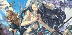  3girls azura_(fire_emblem) blue_hair blue_legwear brown_hair commentary_request day detached_sleeves dragon dress fingerless_gloves fire_emblem fire_emblem_fates floating_hair gloves green_eyes hair_between_eyes hana_(fire_emblem) harusame_(rueken) headband holding holding_staff long_hair long_sleeves multiple_girls open_mouth outdoors pegasus setsuna_(fire_emblem) short_hair sleeveless sleeveless_dress staff strapless strapless_dress thighhighs very_long_hair white_dress white_gloves white_sleeves wyvern 