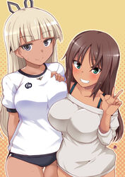  2girls alice_gear_aegis aoi_manabu aqua_eyes araime_yasuri arms_behind_back ass_visible_through_thighs bare_shoulders blonde_hair blunt_bangs blush breasts brown_hair buruma commentary_request dark-skinned_female dark_skin grin kaneshiya_sitara large_breasts looking_at_viewer multiple_girls purple_eyes smile sweatdrop thigh_gap w 