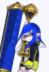  amatya bad_id bad_twitter_id bike_shorts black_shorts blue_hair blue_nails blunt_bangs closed_mouth commentary drawstring dynamo_roller_(splatoon) female from_side green_eyes grey_background highres holding holding_weapon inkling inkling_girl inkling_player_character jacket light_frown long_hair long_sleeves looking_at_viewer nail_polish pointy_ears shorts simple_background single_vertical_stripe solo splatoon_(series) splatoon_2 standing symbol-only_commentary tentacle_hair weapon yellow_jacket yellow_nails 