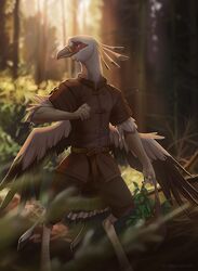  2019 accipitriform anthro avian avian_arms avian_feet beak bird clothed clothing day detailed_background digital_media_(artwork) digitigrade feet forest koul male outside paul_o&#039;connor plant scuted_feet scutes secretary_bird solo standing tree 