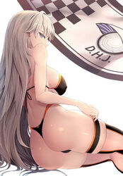  ahoge arm_support ass back bare_shoulders bikini black_bikini black_thighhighs blue_eyes blush breasts commentary commission covered_nipples female flag from_side grey_hair highres large_breasts limeblock long_hair looking_at_viewer looking_back original priana profile shiny_skin sidelocks simple_background sitting skindentation solo swimsuit thighhighs thighs thong_bikini tsurime very_long_hair white_background 