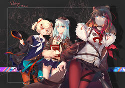  3girls :q :| absurdres animal_ears arknights bad_id bad_pixiv_id bear_ears black_background black_jacket black_skirt blonde_hair blue_dress blue_hair blue_skirt blunt_bangs book brown_hair brown_jacket buckle candy_hair_ornament cardigan chinese_commentary choker closed_mouth commentary dated dress earphones food-themed_hair_ornament frying_pan fur-trimmed_jacket fur_trim gummy_(arknights) hair_ornament highres holding holding_book holding_frying_pan istina_(arknights) jacket light_blue_hair long_sleeves medium_hair miyama_tsubaki_me multicolored_hair multiple_girls neck_ribbon neckerchief off_shoulder orange_legwear panties pantyshot photoshop_(medium) pleated_skirt puffy_long_sleeves puffy_sleeves red_hair red_legwear red_neckerchief red_ribbon ribbon russian_text sailor_collar sailor_dress school_uniform serafuku short_hair skirt smile standing star_(symbol) star_hair_ornament streaked_hair thigh_strap tongue tongue_out translated underwear white_cardigan white_neckerchief white_panties white_sailor_collar wind wind_lift yellow_cardigan zima_(arknights) 