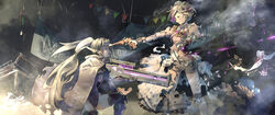  2girls aamond absurdres aiming alternate_costume cloak commentary contender_(flowerful_maid)_(girls&#039;_frontline) contender_(girls&#039;_frontline) damaged english_commentary english_text execution girls&#039;_frontline goggles goggles_on_head gun handgun highres holding holding_gun holding_weapon injury jaeger_(girls&#039;_frontline) maid maid_headdress multiple_girls official_alternate_costume ponytail rifle sangvis_ferri shorts sniper_rifle surprised thompson/center_contender torn_clothes weapon 