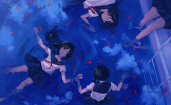  4girls absurdres black_hair black_skirt closed_eyes cloud commentary_request fish from_above goldfish highres holding_hands kyarage_(soda) ladder multiple_girls original outdoors partially_submerged pool reflection school_uniform serafuku shirt short_hair short_ponytail short_sleeves side_ponytail skirt sky wading white_shirt wristband yuri 