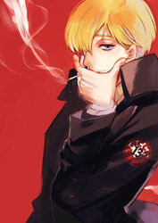  1boy acca_13-ku_kansatsu-ka blonde_hair blue_eyes cigarette commentary_request hand_up highres jacket jean_otus long_sleeves looking_at_viewer male_focus naru_(kihime622) red_background simple_background smoking standing uniform 