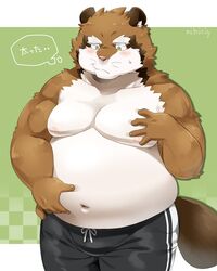  2019 4:5 anthro belly belly_grab bottomwear brown_body brown_fur canid canine chest_grab clothed clothing countershading front_view fur green_eyes hi_res humanoid_hands japanese_text male mammal moob_grab moob_grope moobs navel nikiciy nipples overweight overweight_anthro overweight_male pants portrait raccoon_dog ryokuichi_(nikiciy) simple_background solo tanuki text three-quarter_portrait topless unavailable_at_source white_body white_countershading 