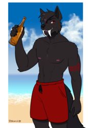  alpha_channel anthro beach bottle canid canine clothed clothing container digital_media_(artwork) hi_res male mammal nipples outside porin seaside solo standing swimming_trunks swimwear topless 