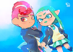  1boy :d aqua_hair aqua_necktie aqua_skirt bike_shorts black_jacket blue_eyes closed_mouth collared_shirt commentary_request female highres inkling inkling_girl inkling_player_character jacket kirikuchi_riku leg_up long_hair long_sleeves miniskirt mohawk necktie octoling octoling_boy octoling_player_character oerba_yun_fang open_clothes open_jacket open_mouth pink_hair pink_necktie plaid plaid_neckwear plaid_skirt pleated_skirt pointy_ears red_eyes school_uniform shirt short_hair shorts shorts_under_skirt single_vertical_stripe skirt smile splatoon_(series) splatoon_2 sweater_vest tentacle_hair white_shirt 