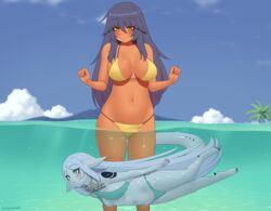  2girls :3 aqua_bikini artist_name barefoot bikini black_hair blue_eyes blush breasts breasts_apart chains chariz_(kuroonehalf) chinatsu_(kuroonehalf) cloud collar colored_skin commentary commission dark-skinned_female dark_skin day feet_out_of_frame fingernails fins grey_hair grey_skin hair_between_eyes head_fins kuroonehalf large_breasts long_hair medium_breasts monster_girl multiple_girls navel original outdoors palm_tree partially_underwater_shot sharp_fingernails sharp_toenails smile standing stomach submerged swimming swimsuit tail toenails tree very_long_hair wading water yellow_bikini yellow_eyes 