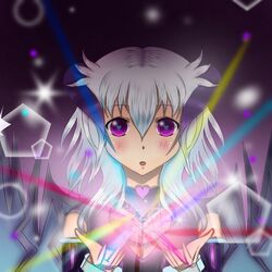  blush commentary_request cyan_reiii female gachaworld heart horns light lunime lunith open_mouth purple_eyes solo white_hair 