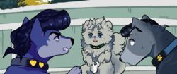  $ 2017 alternate_species black_hair blue_eyes canid canine canis collar currency_symbol domestic_dog feral feralized fluffy fluffy_tail fur furrification grey_body grey_fur group hair heart_symbol hi_res holding_object jojo&#039;s_bizarre_adventure josuke_higashikata koichi_hirose magicalkoko mammal okuyasu_nijimura open_mouth outside piercing pompadour purple_body purple_fur symbol tail 